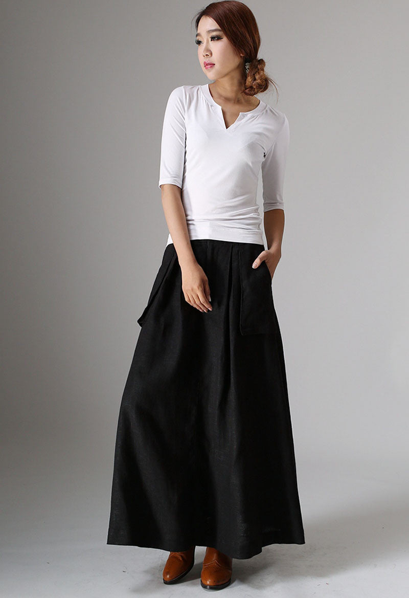 Black linen  maxi skirt with Big Pocket Detail 0979#