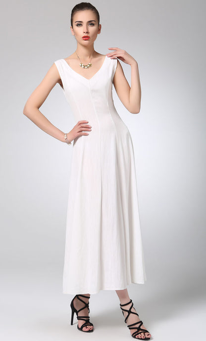 White Linen Maxi Dress - Flowy Sleeveless V-Neck 1232