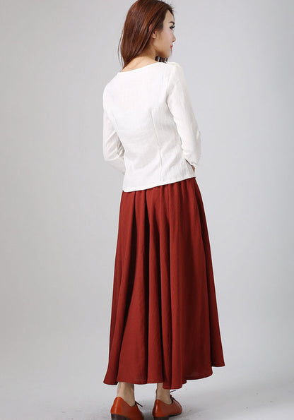 Red Linen Cotton Midi Skirt - 50s Swing Circle with Button Detail 781