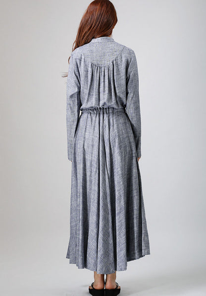 Gray Linen Maxi Dress - Long Sleeve, Adjustable Waist 791