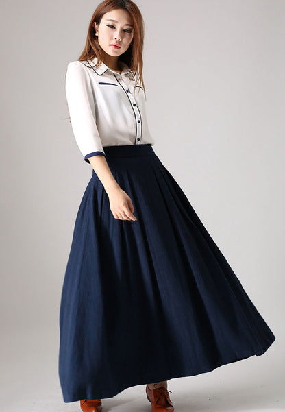 Classic A-Line Navy Linen Skirt – High Waist Maxi Silhouette – 855