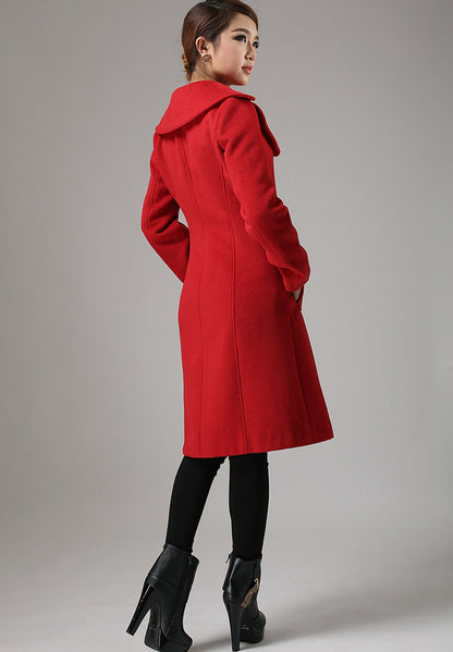Red Wool Winter Coat – Vintage Midi Coat with Wide Collar | Xiaolizi 726