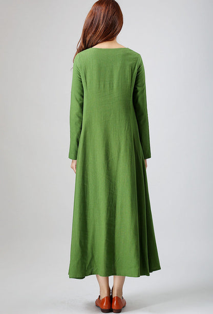 Green Linen Maxi Dress - Relaxed Fit V-Neck Silhouette 789