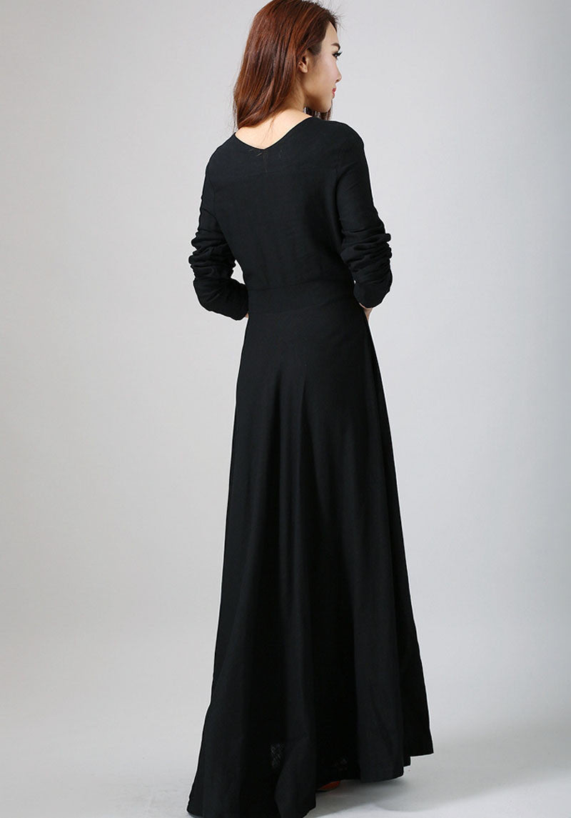 long sleeve Maxi Black Linen Dress -LBD 793# – XiaoLizi