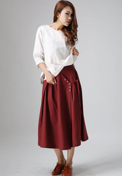 Wine Red Linen Midi Skirt - Pleated Detail with Back Elastic Waist 814
