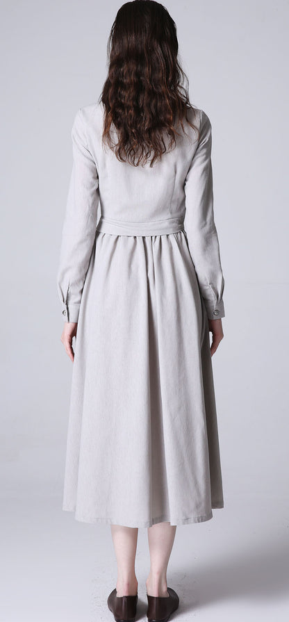 Light Grey Linen Dress - Pleated Front, Tea Length 1178