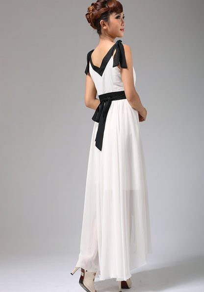White Chiffon Maxi Dress - Wrap V-Neck with Tie Waist 668