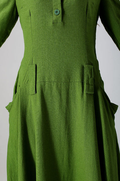 Leaf Green Linen Cotton Blend Maxi Dress - Buttoned Neckline and Pockets 784