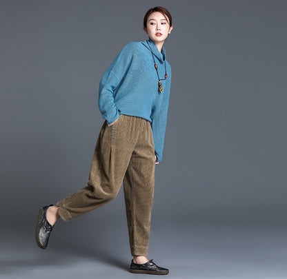 Brown Cotton Corduroy Wide Leg Pants - Elastic Waist, Ankle Length 2603