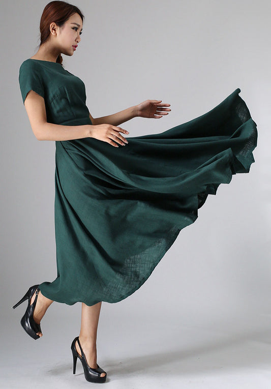Elegant boat neck linen cotton midi dress with flowing skirt