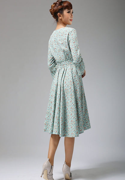Blue Linen Midi Dress - Floral Print with Ruffle Details 678