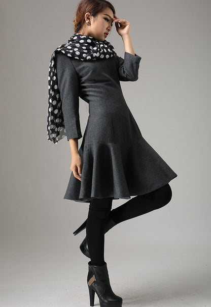 Gray Wool Mini Dress - Drop Waist Pleated Skirt 746