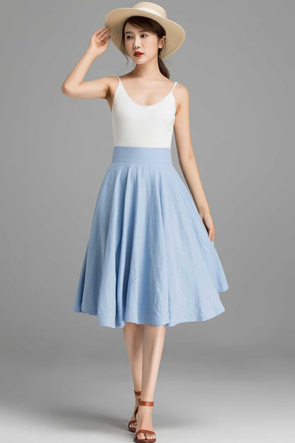 High Waist A-Line Skirt – Light Blue Linen Cotton Circle Skirt with Pockets 2367