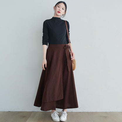 Brown Linen Blend Long Wrap Skirt - Asymmetrical, Elastic Waist 2553