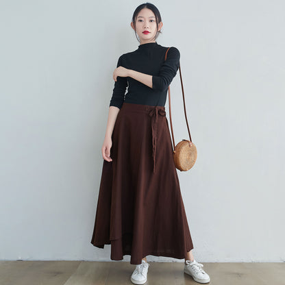 Brown Linen Blend Long Wrap Skirt - Asymmetrical, Elastic Waist 2553