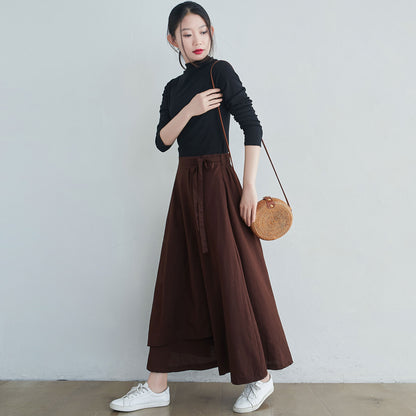 Brown Linen Blend Long Wrap Skirt - Asymmetrical, Elastic Waist 2553