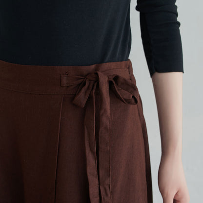 Brown Linen Blend Long Wrap Skirt - Asymmetrical, Elastic Waist 2553