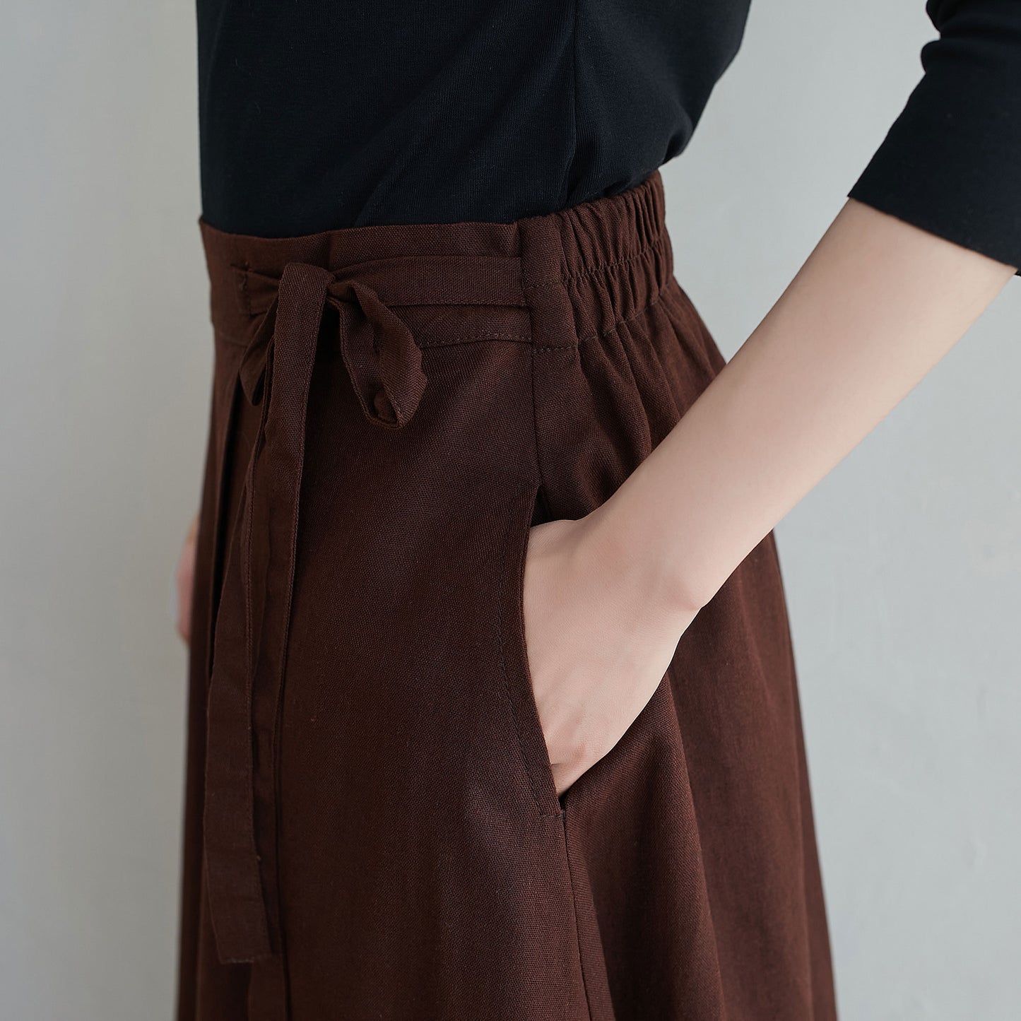 Casual Brown Long Linen Wrap Skirt 2553#