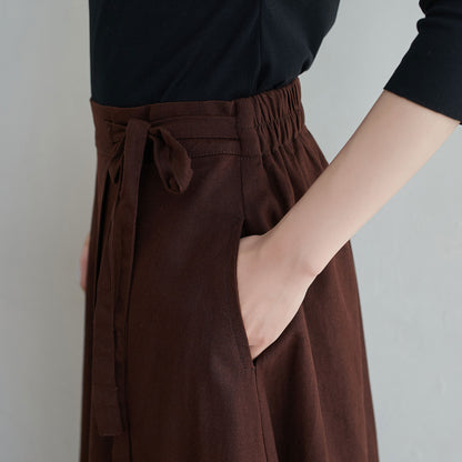 Brown Linen Blend Long Wrap Skirt - Asymmetrical, Elastic Waist 2553