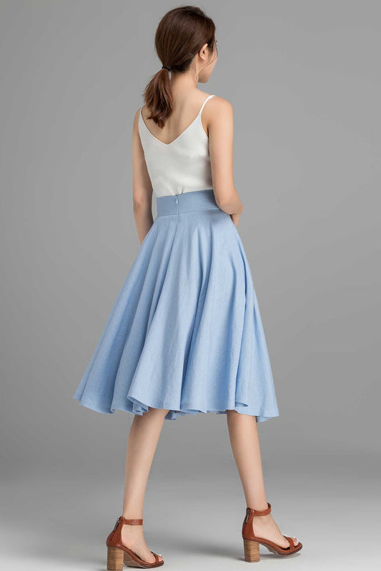 High Waist A-Line Skirt – Light Blue Linen Cotton Circle Skirt with Pockets 2367