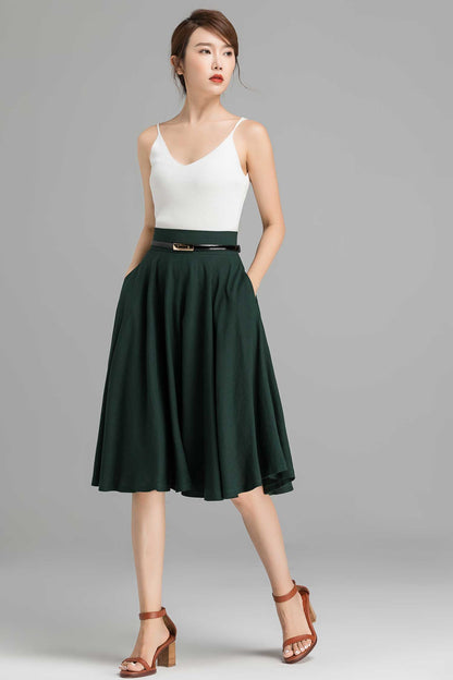 50s A-Line Skirt – High Waist Linen Cotton Circle Skirt with Pockets  2369