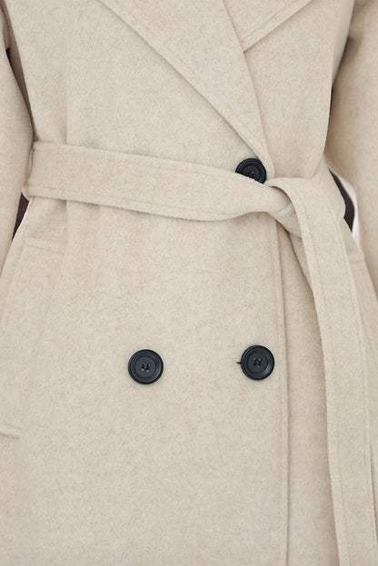 Beige Wool Long Coat - Double Breasted with Belted Waist 4018