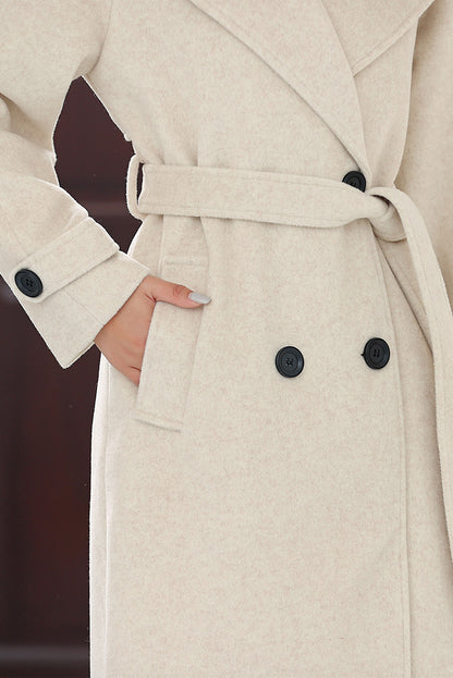 Beige Wool Long Coat - Double Breasted with Belted Waist 4018