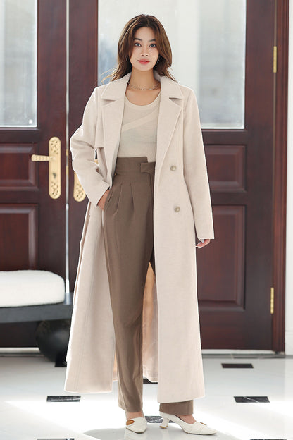 Handmade Cream Wool Coat – Elegant Double-Breasted Long Belted Overcoat | Xiaolizi 4019