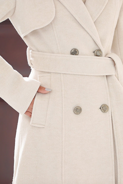 Handmade Cream Wool Coat – Elegant Double-Breasted Long Belted Overcoat | Xiaolizi 4019