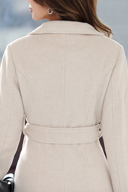 Handmade Cream Wool Coat – Elegant Double-Breasted Long Belted Overcoat | Xiaolizi 4019