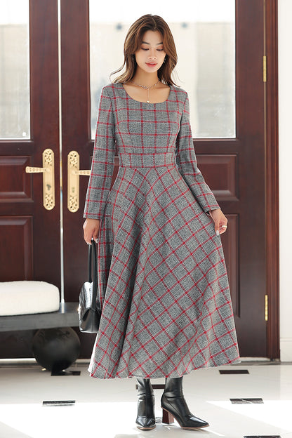 Women Retro Long Plaid Dress 4021