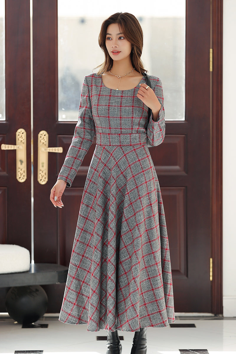Women Retro Long Plaid Dress 4021 Xiaolizi Women Retro Long Plaid Dress 4021 Xiaolizi