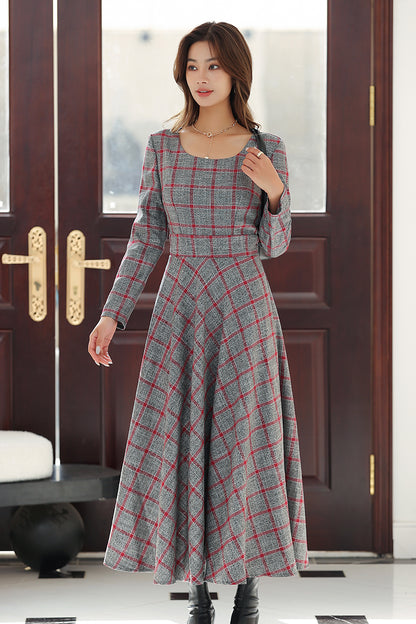 Women Retro Long Plaid Dress 4021