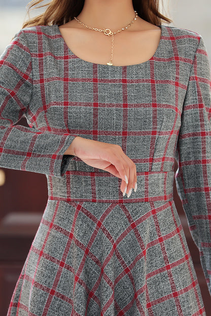 Women Retro Long Plaid Dress 4021