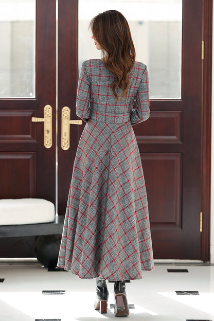 Women Retro Long Plaid Dress 4021