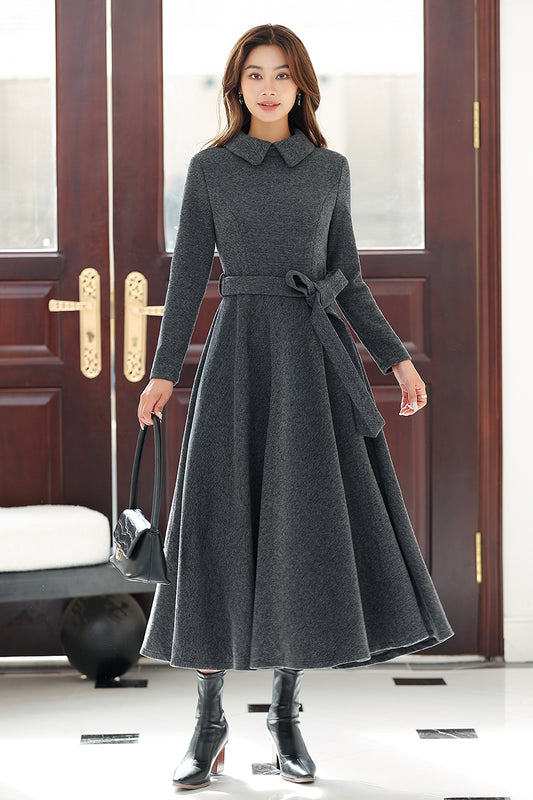 Women Long Dark Grey Wool Dress 4022