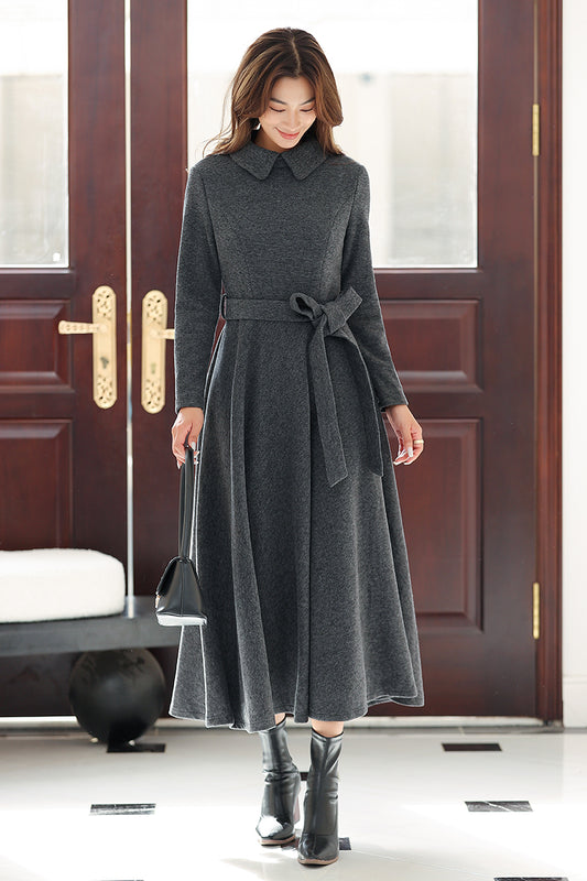 Women Long Dark Grey Wool Dress 4022