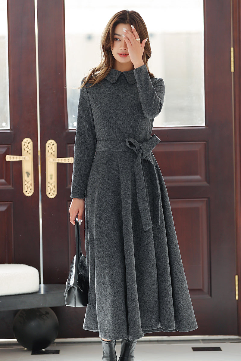 Dark Gray Wool Maxi Dress - Long Sleeve Mock Neck Belted