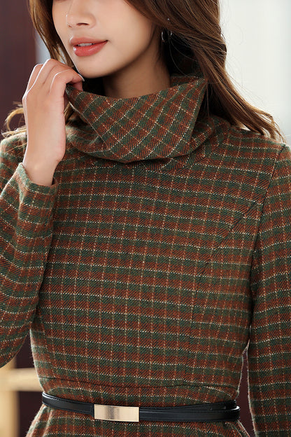 Women Retro Plaid Wool Dress 4029