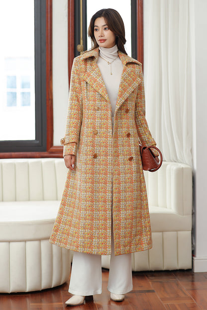 Elegant Wool Blend Coat – Handmade Yellow Plaid Belted Long Winter Coat | Xiaolizi 4025