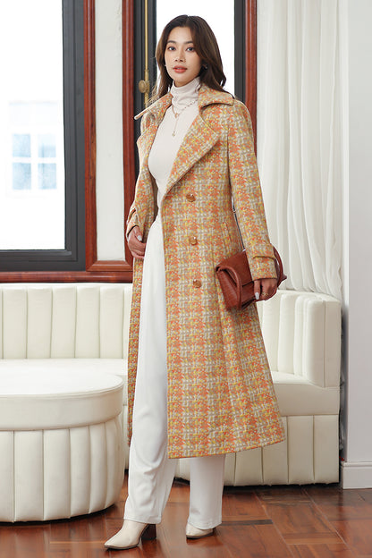Elegant Wool Blend Coat – Handmade Yellow Plaid Belted Long Winter Coat | Xiaolizi 4025