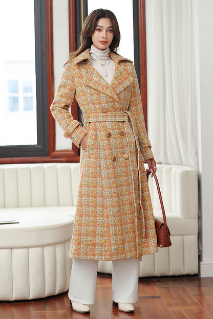 Elegant Wool Blend Coat – Handmade Yellow Plaid Belted Long Winter Coat | Xiaolizi 4025