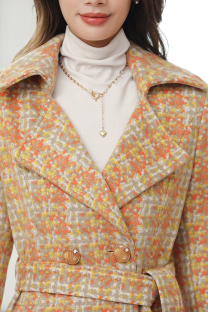 Elegant Wool Blend Coat – Handmade Yellow Plaid Belted Long Winter Coat | Xiaolizi 4025