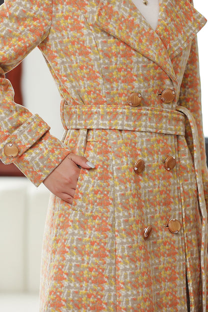 Elegant Wool Blend Coat – Handmade Yellow Plaid Belted Long Winter Coat | Xiaolizi 4025