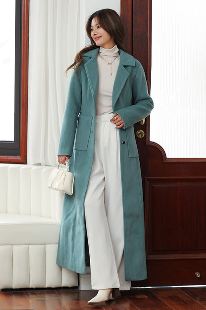 Minimalist Wool Blend Coat – Handmade Light Teal Long Winter Overcoat | Xiaolizi 4026