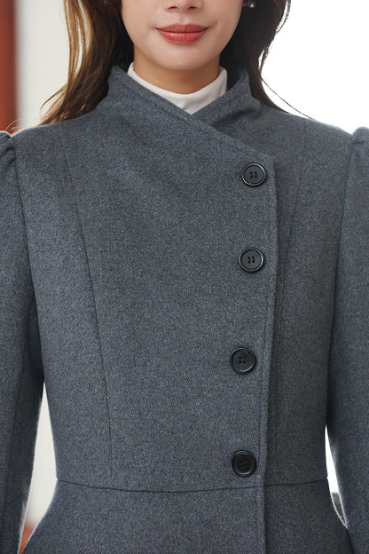 Dark Gray Wool Long Coat – Vintage A-Line Winter Overcoat with Pockets 4027