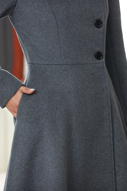 Dark Gray Wool Long Coat – Vintage A-Line Winter Overcoat with Pockets 4027
