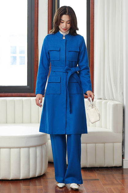 Blue Wool Coat and Wide Leg Pants - Elegant A-Line Silhouette 4028