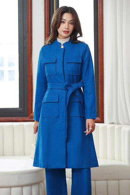 Blue Wool Coat and Wide Leg Pants - Elegant A-Line Silhouette 4028