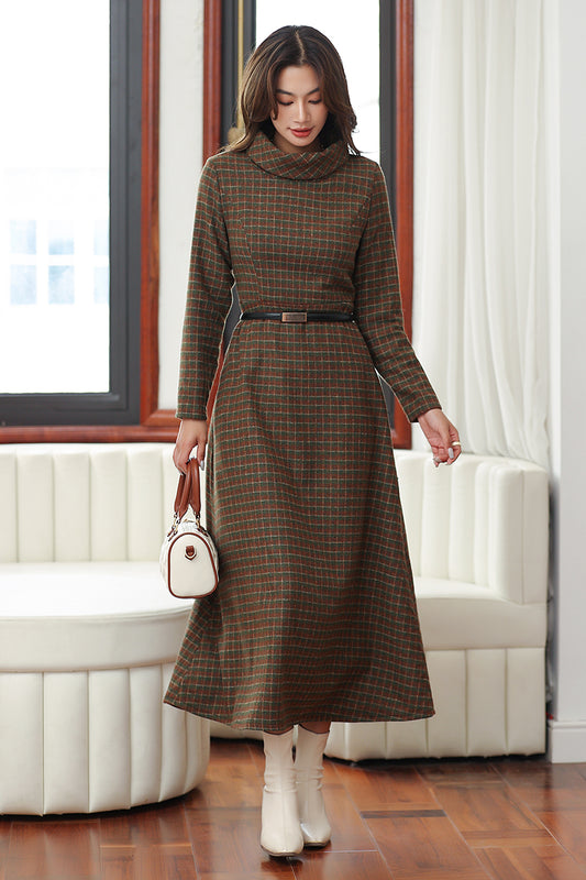 Women Retro Plaid Wool Dress 4029